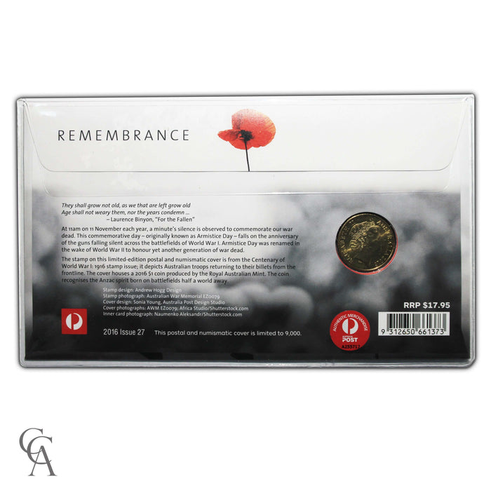 2016 $1 Remembrance Day 100 Years of ANZAC Coin & Stamp Cover PNC